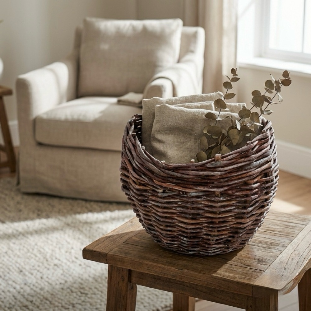 Handwoven Recycled Paper Rope Basket Planter Cover, Rustic Boho Farmhouse
